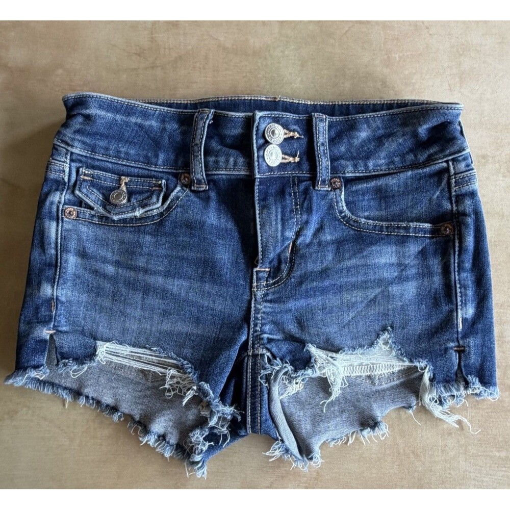 American Eagle Next Level Stretch Denim Shorts Women's Sz 00, Blue, Cut-off
